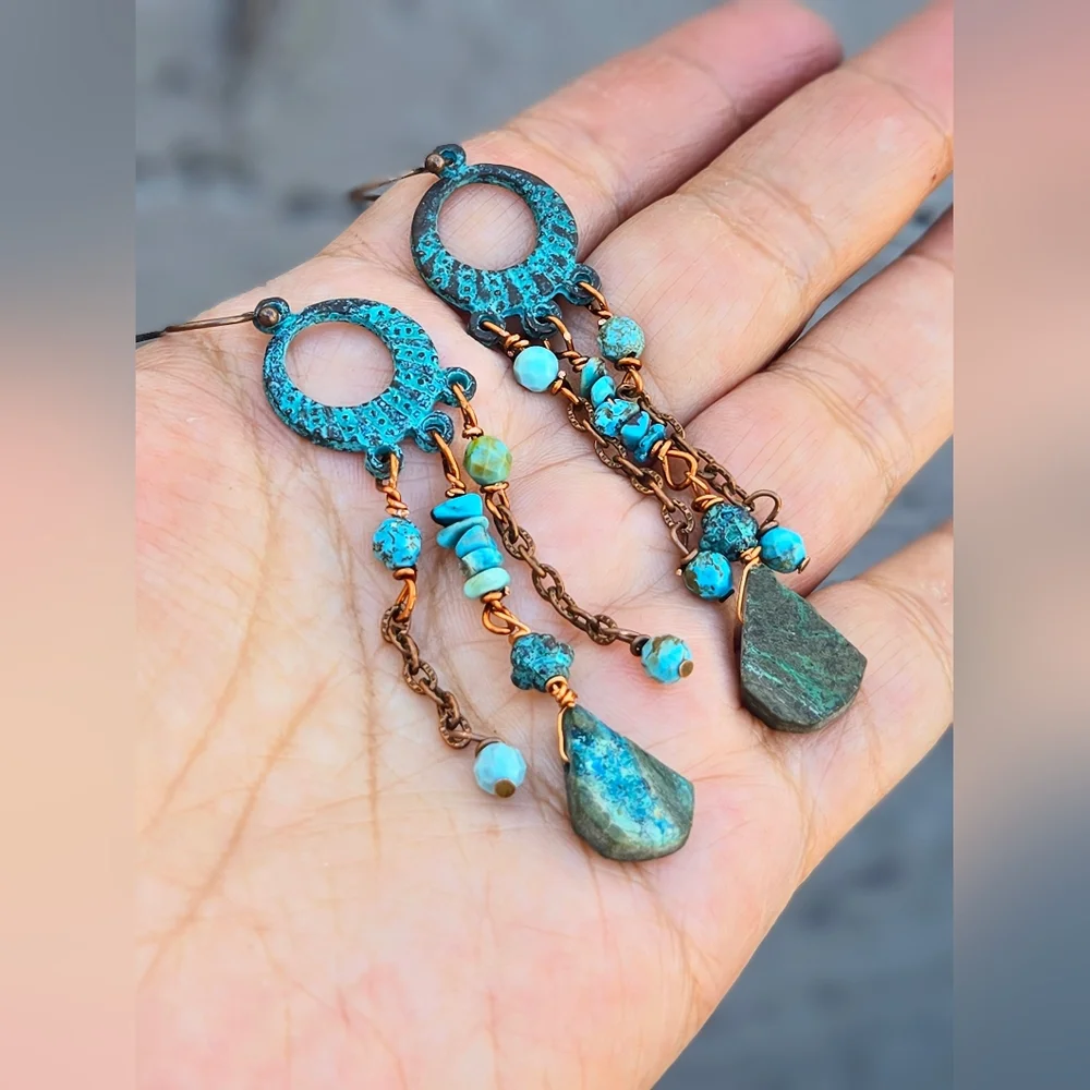 Genuine Turquoise In Green-Blue Patina Verdigris Chandelier Earrings In Copper